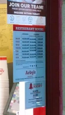 Arby's Hours Posted at the Drive-Thru.