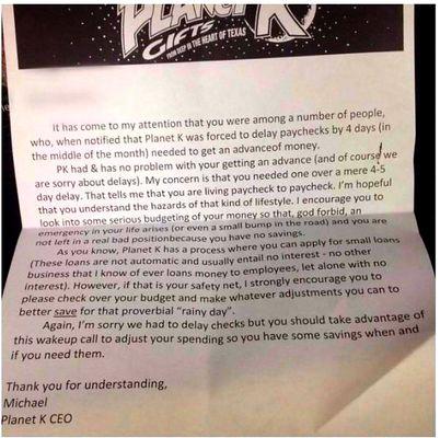 A actually letter the CEO sent to employees. Do not give them your business!!!!!!!