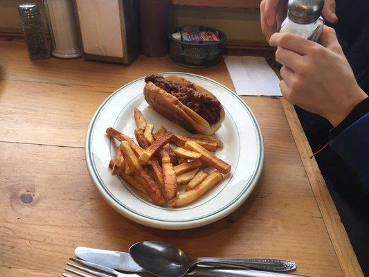 Chili dog and homemade french fries