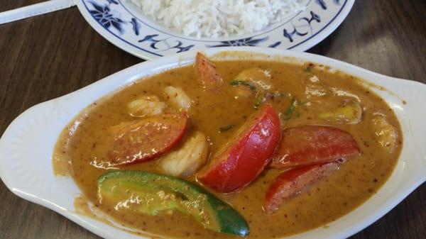 Shrimp Panang with white rice,  excellent!