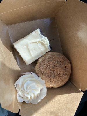 Salted caramel brownie, Cinnamon coffee cake, & Red velvet vanilla almond cupcake