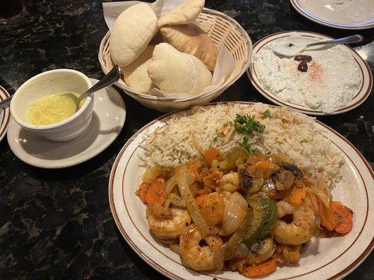 Seafood (shrimp) Galaba with chicken/rice soup and a side of Tzatziki sauce