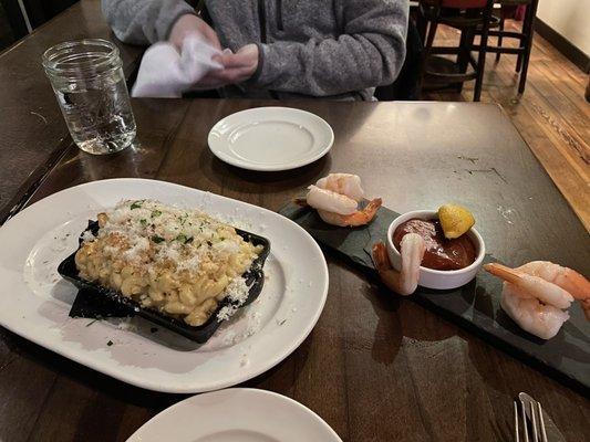 Mac and cheese, shrimp cocktail