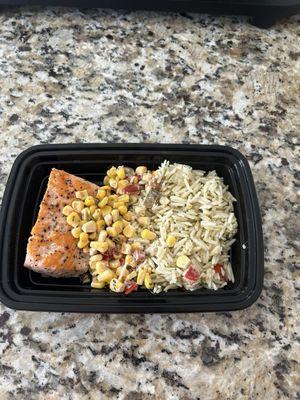 Salmon, elote corn salsa, cilantro lime basmati rice