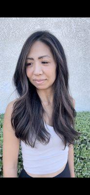 Sunkissed mushroom brown balayage and long layered haircut @hairbykimn