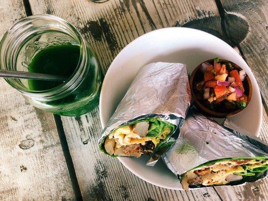 Celery juice and the barn burrito with spinach tortilla