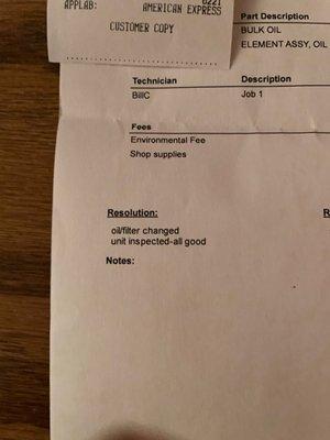 Receipt indicating inspection had been completed (all good) and oil change done.