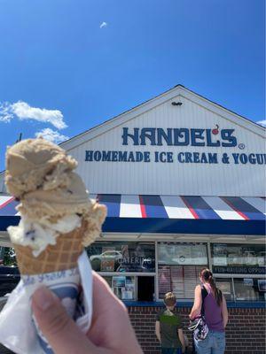 Chocolate chip cookie dough and coffee chocolate chip ice cream in a waffle cone