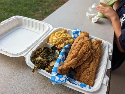 Catfish plate with collard greens and mac and cheese