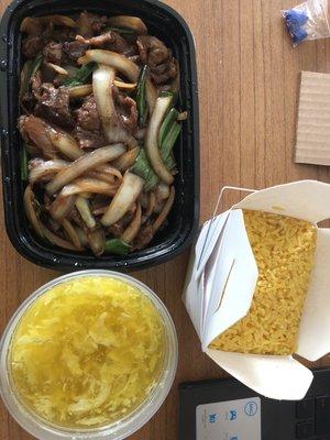 Mongolian Beef with plain fried rice and egg drop soup.