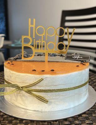 6" half passion fruit, half black sesame mille crepe cake with happy birthday sign (additional fee)