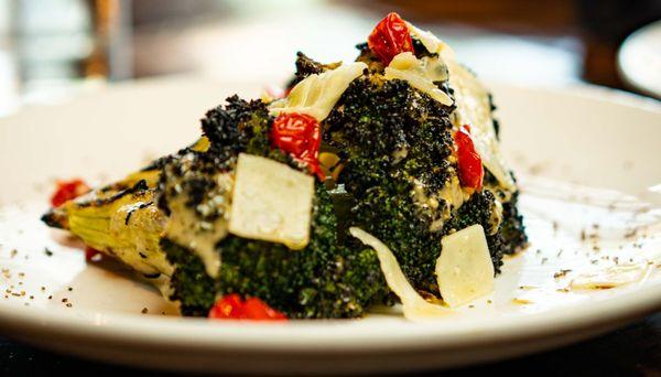 GRILLED BROCCOLI CAESAR Sweety drop peppers, creamy caesar, parmesan, bonfire sea salt