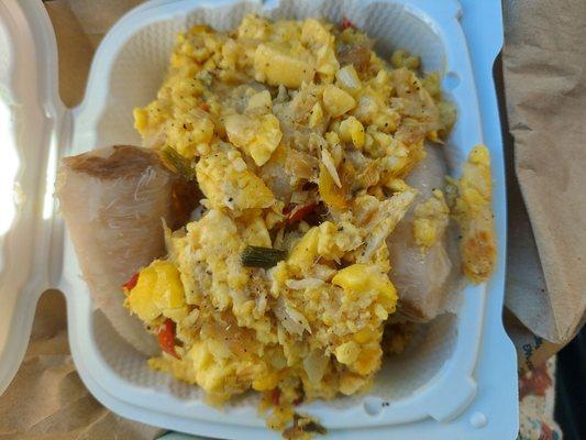 Ackee and salt fish, yam, dumpling and banana.