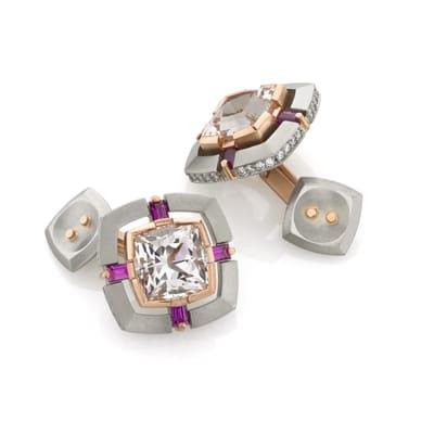 2014 AGTA Spectrum Award winning cufflinks, Pink Squared.