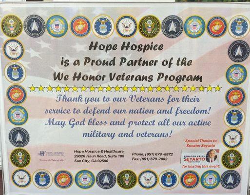 Hope Hospice is very proud of our partnership with the "We Honor Veterans Program"