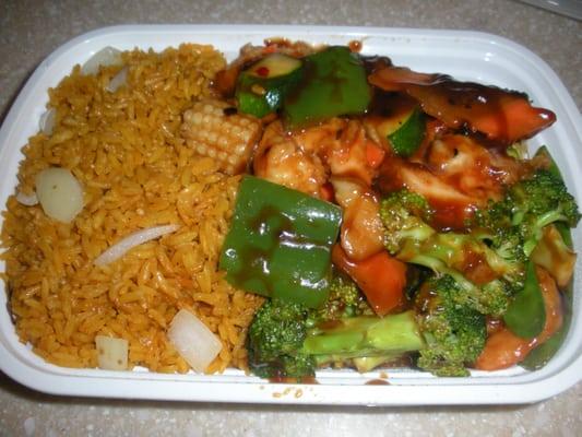 Hunan shrimp with plain fried rice.