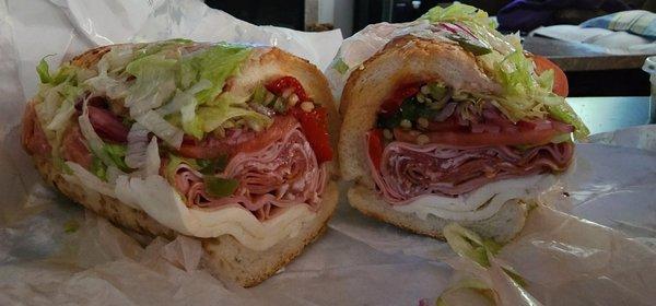 Mortadella, hot soppressata, hot capicola, fresh mozzarella, fresh hot Italian pepper rings, lettuce, tomato, onion, Bronx sesame bread