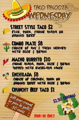 Wednesday's Taco Menu Dine in only!