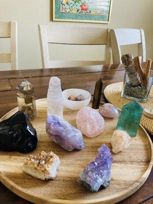 I purchased the obsidian, rose quartz, and citrine crystals, and amethyst crystals from my recent visit.