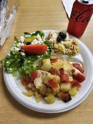 Baked fish, orzo salad and Greek salad