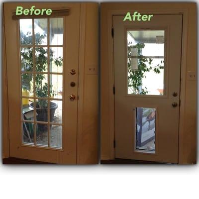 The customer wanted a new door installed along with a doggy door to accommodate for her dogs. Needless to say they were happy.