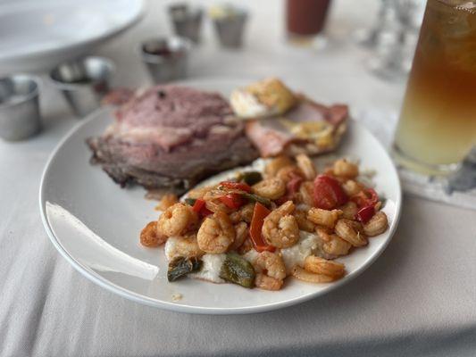 Prime rib, shrimp & grits, and eggs Benedict