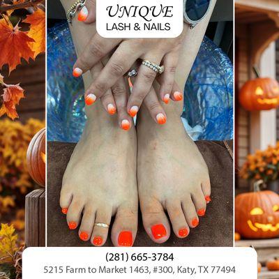 Bright orange to make your hands and feet pop! Fresh, elegant, and full of personality. Come refresh your style today!