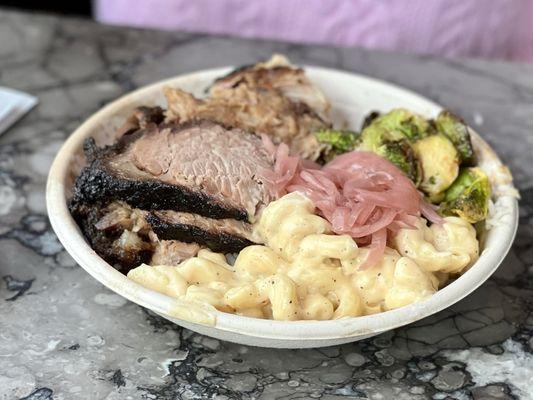 Rice Bowl with Brisket and extra Pulled Pork, Mac & Cheese, and Roasted Brussels