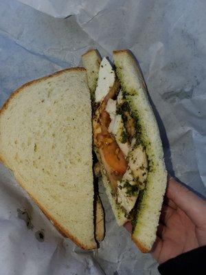 Mozzarella, tomato, pesto Sandwich and I love to add grilled chicken to it as well.