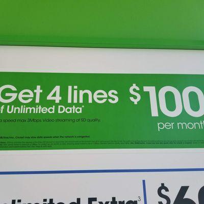 Get 4 lines of unlimited data,talk,text for just $100 per mth. Come see store mgr Jason at Cricket Wireless today..