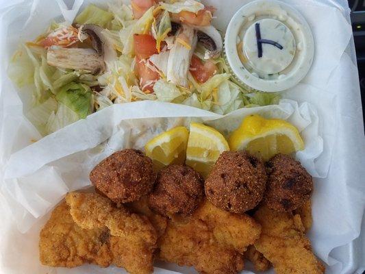 Grouper fingers, hushpuppies and salad