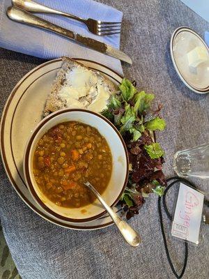 Delicious lentil soup with fresh green salad and freshly made sourdough which was amazing!