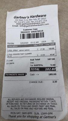 receipt from Gartner's showing price gauging