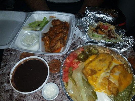 Chimichanga, Steak and Chicken soft taco, Buffulo wings, Black beans