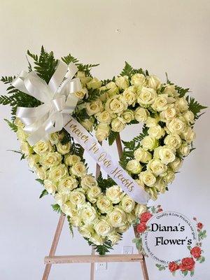 Med. Size all white rose heart wreath Funeral arrangement