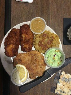 Pork Chop & Deep Fried cod platter, with special St. Patrick's day Cole slaw