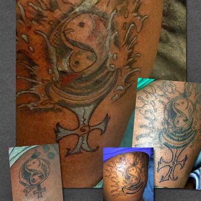 Biggest photo is Chris' finishing touch and work on my tattoo. His additions are fabulous. Smaller photos show the stages.