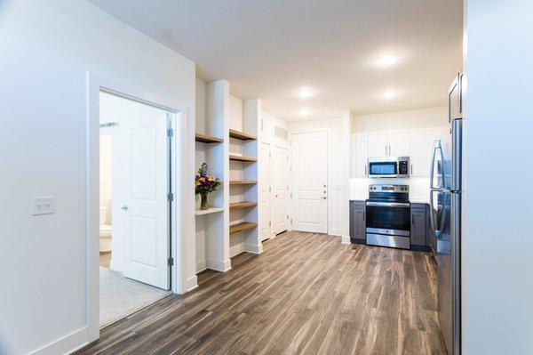 Open Shelving in the kitchen of our 1S floor plan!