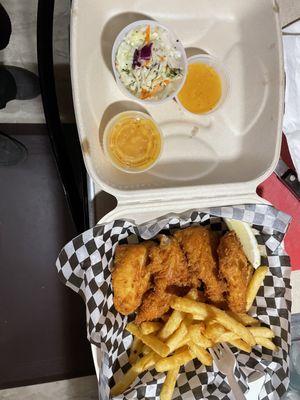 4-pc cod with fries mango-chili sauce and coleslaw.