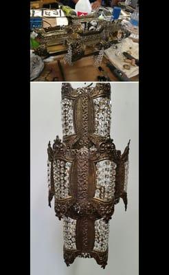 The top is the before picture showing the light fixture in pieces and missing crystals.  The picture below shows the fixture restored