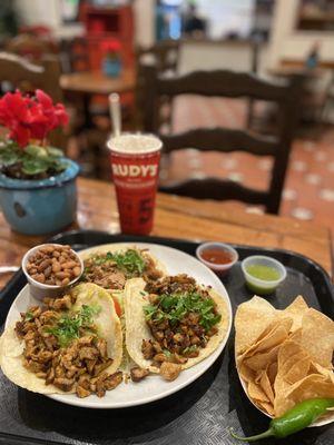 Two crispy tacos al pastor, carnitas soft taco and a horchata!  Ahhh yeah!!