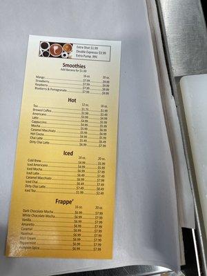 Coffee menu