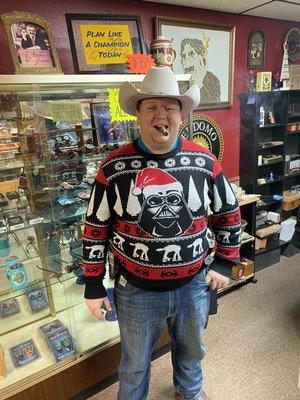 Our resident police officer, Tyler, dressed in his snazzy Darth Vader Christmas sweater.