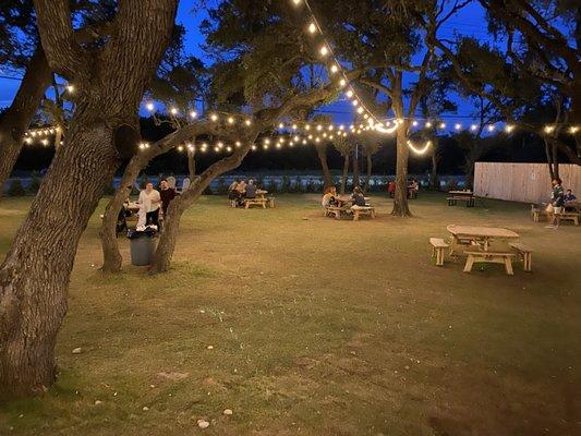 Nice string lights hang across the entire place creating a nice, warm atmosphere.