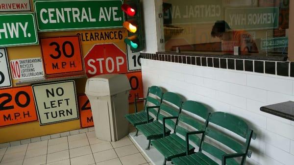 Seats from the Original Tigers stadium in lobby