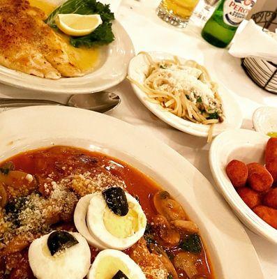 Veal, sole, linguine and clams, potato croquettes.