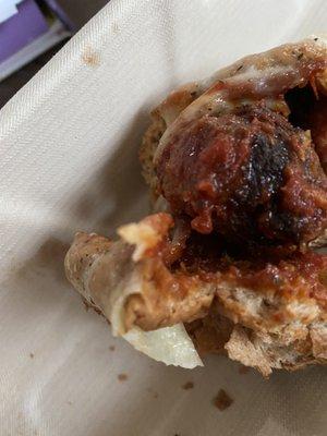 Burned meatballs hidden in sub (Firehouse Meatball)