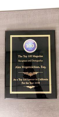 Attorney Alex Megeredchian was awarded Top 40 under 40 years old in 2018 by the Top 100 Magazine