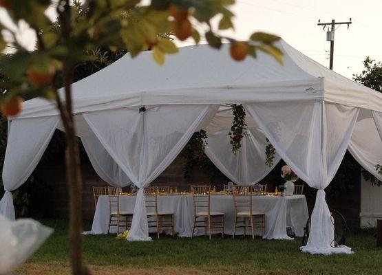 Outdoor Bridal Shower rentals allow the flexibility not normally found in traditional banquets. 10x20 canopy draped, tables Chiavari chairs.