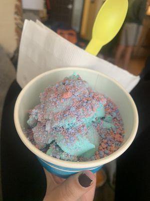 Bubblegum ice cream with cotton candy crunch topping